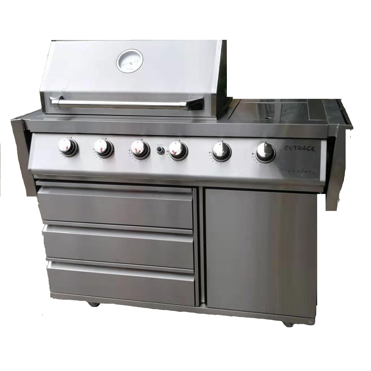 Stainless steel 4-burner dual fuel BBQ grill with a sleek design, featuring a lid with a temperature gauge, control knobs, and storage drawers.