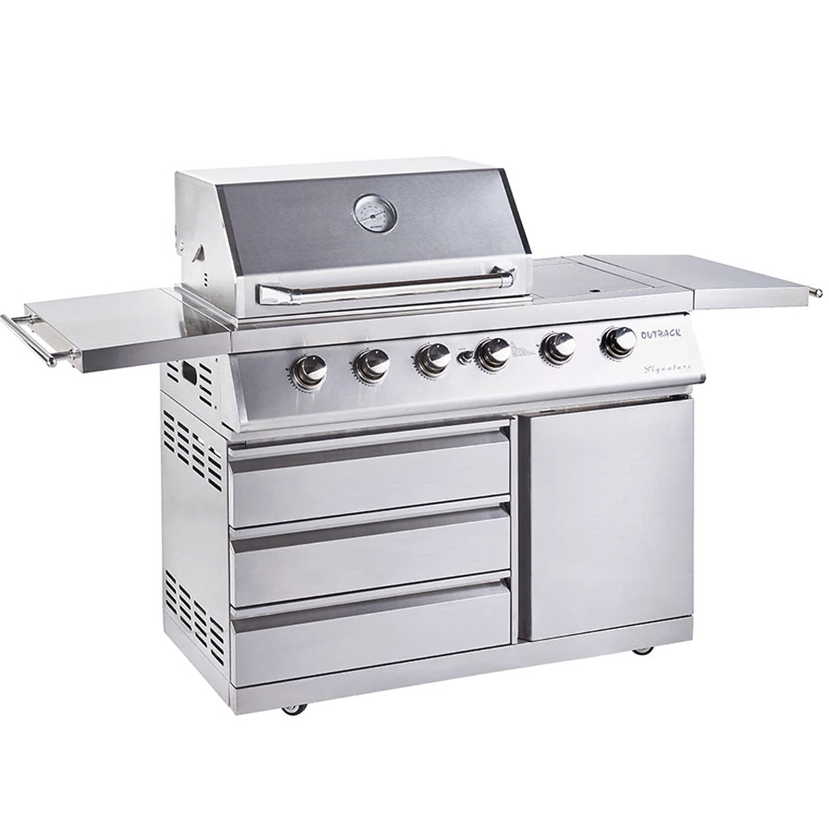 Stainless steel 6-burner hybrid gas and charcoal BBQ with a sleek silver finish, side shelves, a built-in thermometer, and storage drawers, complete with a protective cover.