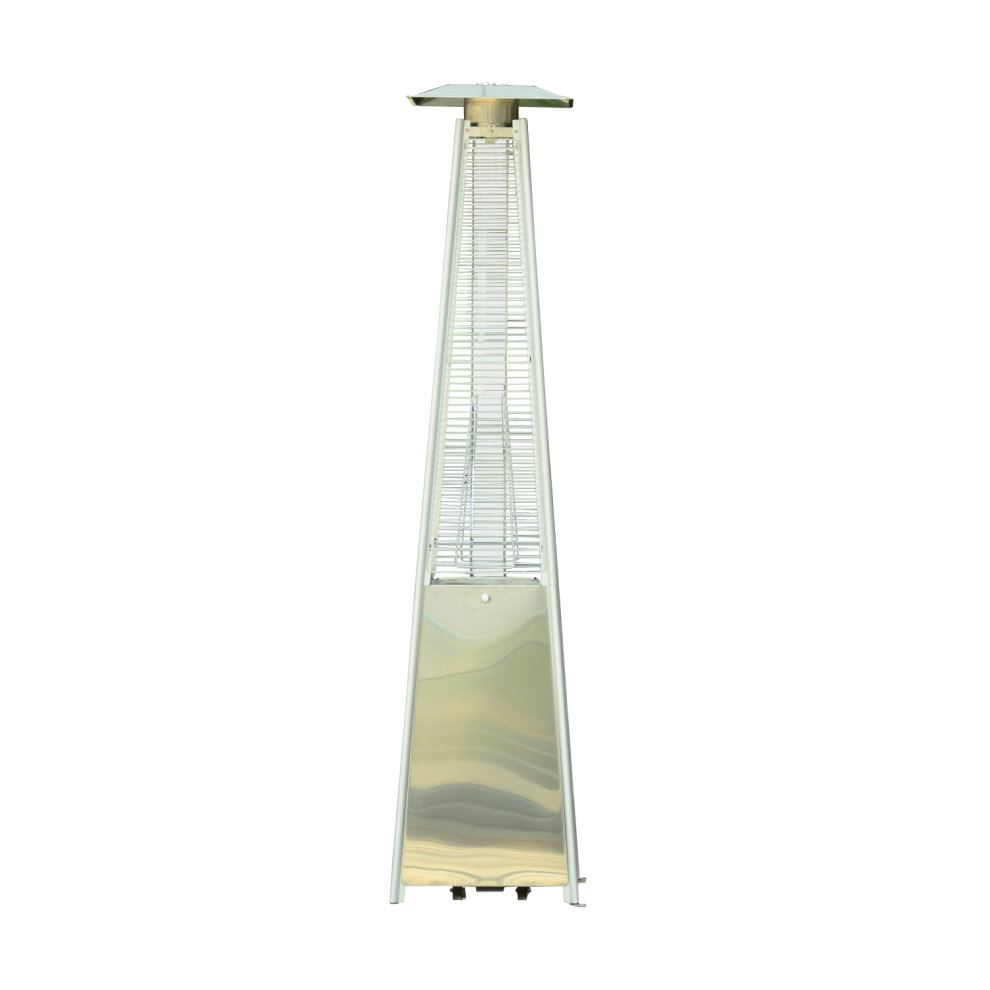 Stainless steel outdoor patio heater with a pyramid shape, featuring a silver finish, wheels for mobility, and a protective rain cover.