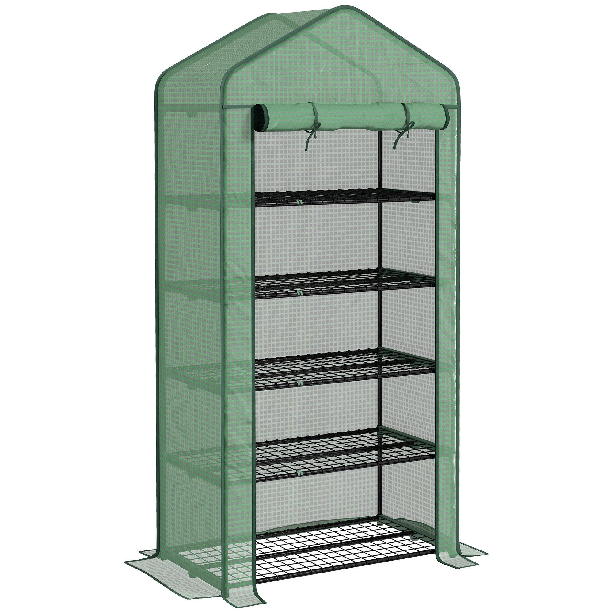 Widened mini greenhouse in green with a peaked roof, five wire shelves, and a roll-up front, measuring 193H x 90W x 49D cm, designed for plant cultivation.