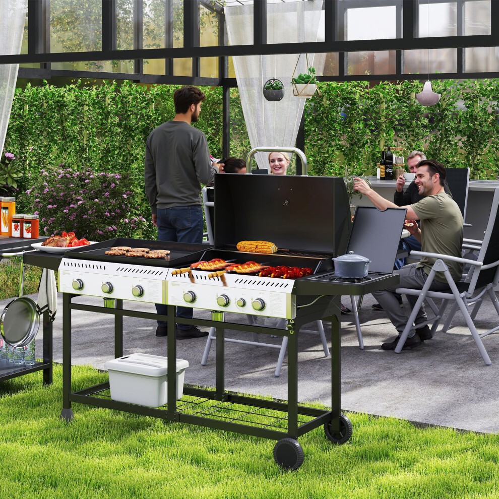 Black Outsunny gas grill and plancha with 6+1 burners, featuring a large cooking surface, wheels for mobility, and a sleek design, set in a vibrant garden party scene.