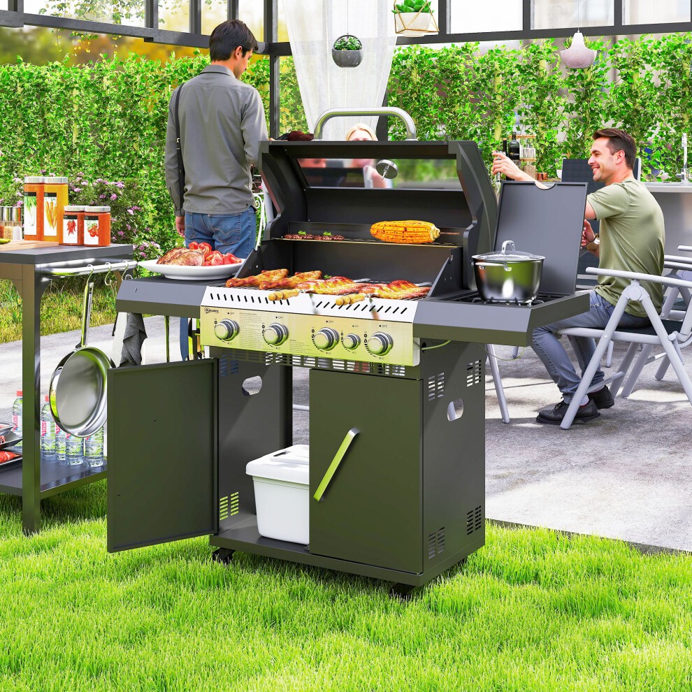 Outsunny 4+1 burner gas BBQ grill in black with a clear view lid, built-in thermometer, and storage compartments, set in a garden with people enjoying a meal.