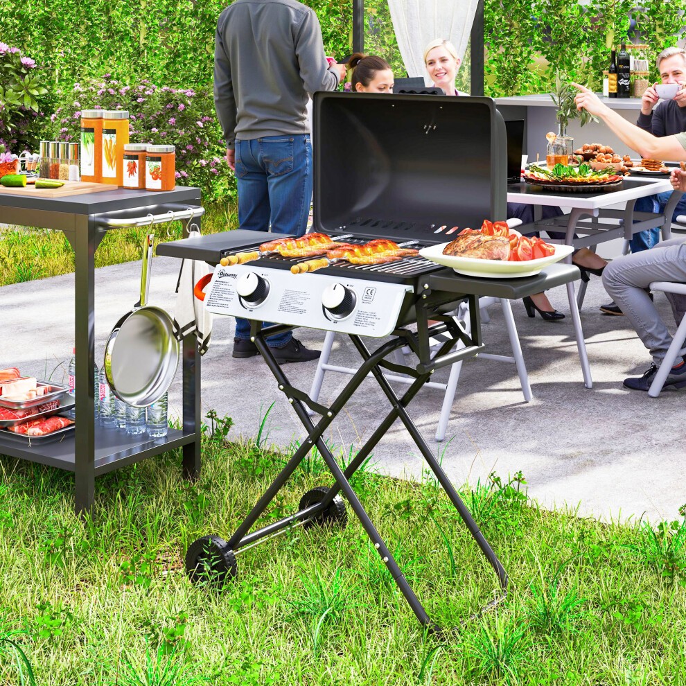 Portable foldable black gas barbecue grill with a thermometer, two burners, and a lid, set on a grassy area with people enjoying a meal in the background.