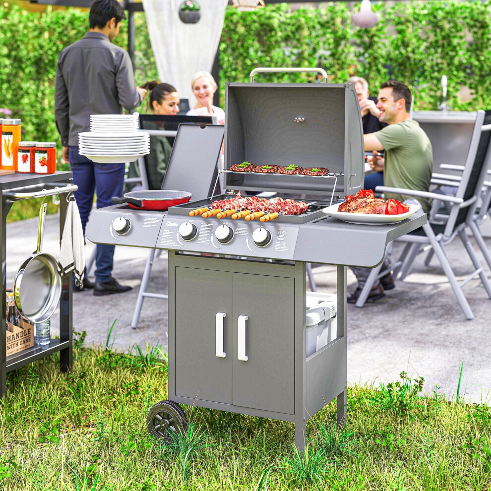Grey Outsunny gas barbecue grill with 3 main burners and 1 side burner, featuring a large cooking area, stainless steel knobs, and a cart design on wheels, set in a garden.