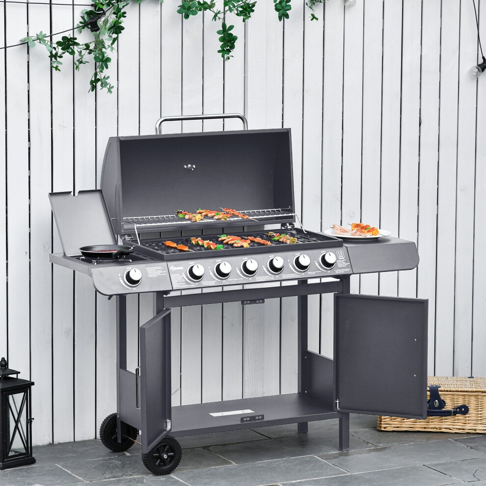 Grey 6+1 burner gas BBQ grill with wheels, featuring a spacious cooking area, side shelves, and a cabinet for storage, set against a white wooden backdrop.