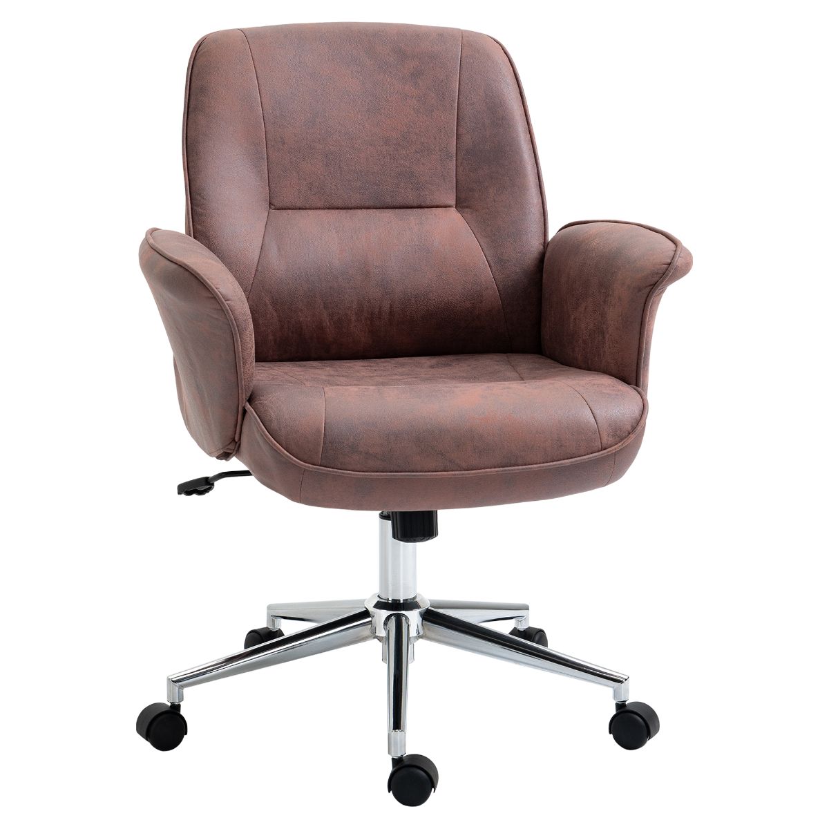 Red mid-back swivel office chair with a cushioned seat and armrests, featuring a chrome base and rolling casters, designed for home or office use.