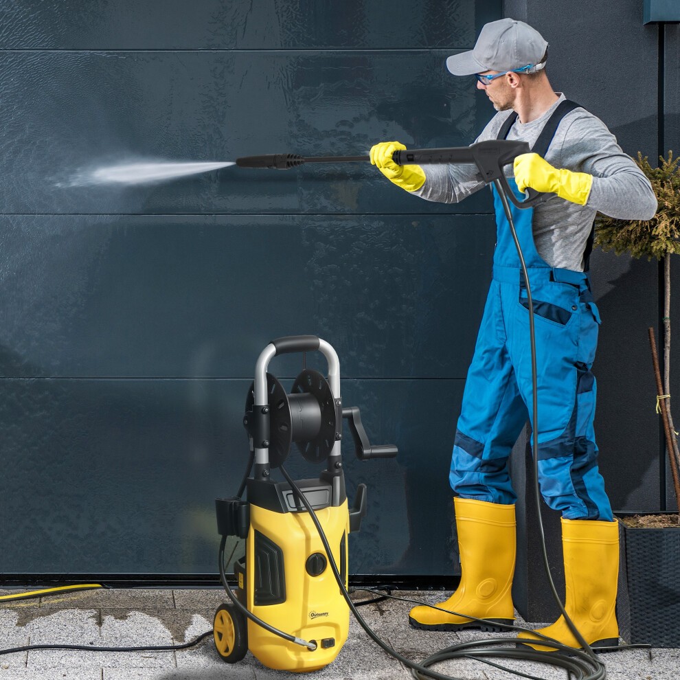 Outsunny 1800W power washer in yellow with a 150 bar pressure, featuring a 6m hose and hose reel, operated by a person wearing blue overalls and yellow gloves.