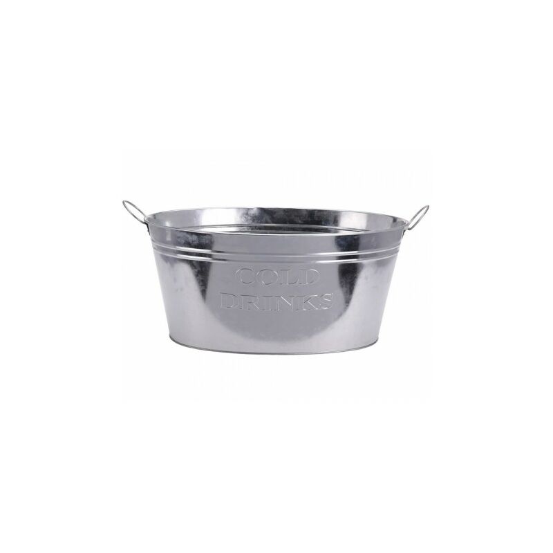 Oval zinc tub measuring 50x35cm, featuring a shiny silver finish, embossed "COLD DRINKS" text, and sturdy side handles for easy carrying.