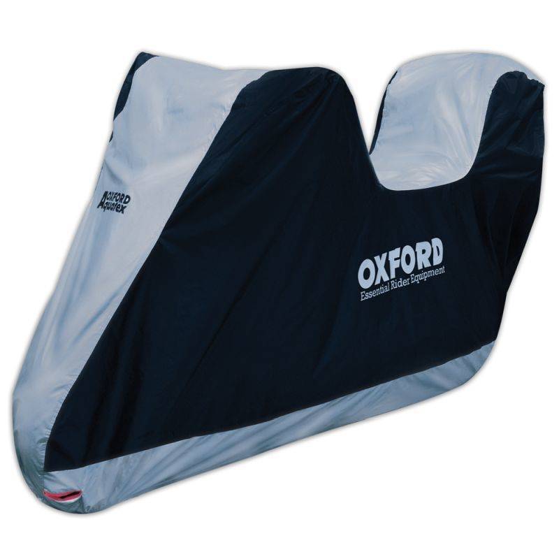 Black and silver motorcycle cover with Oxford branding, designed to fit over a motorcycle, featuring a waterproof material and a streamlined shape for protection against the elements.