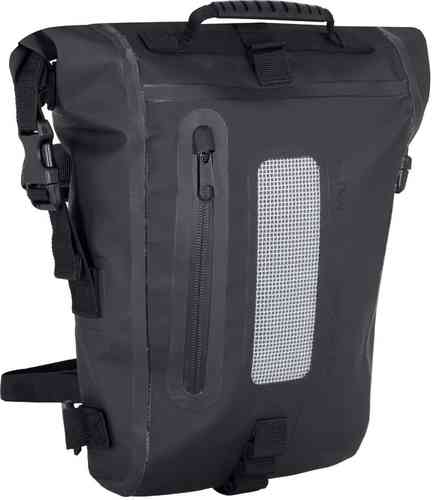 Black waterproof roll top tail pack with an 8L capacity, featuring a textured mesh panel, zippered pocket, adjustable straps, and a sturdy handle on top.