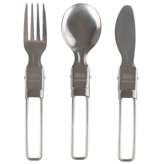 Three-piece camping cutlery set by Oxford, featuring a stainless steel fork, spoon, and knife with sturdy metal handles and engraved logo, ideal for outdoor dining.