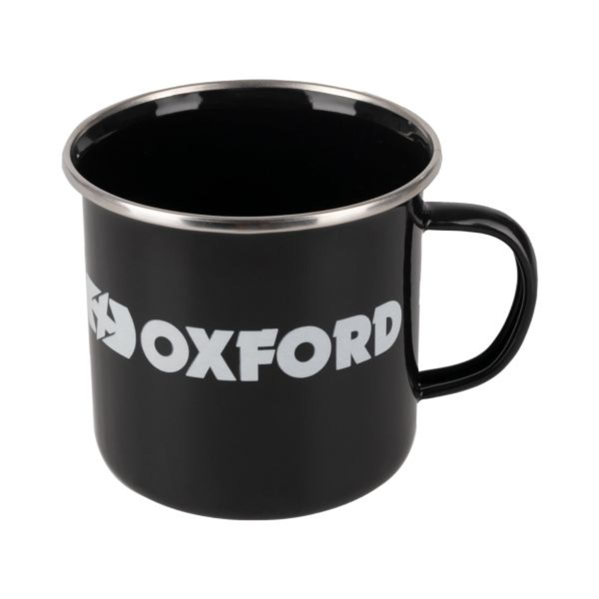 Black enamel camping mug featuring a silver rim and a prominent white "OXFORD" logo on the front, with a sturdy handle for easy carrying.