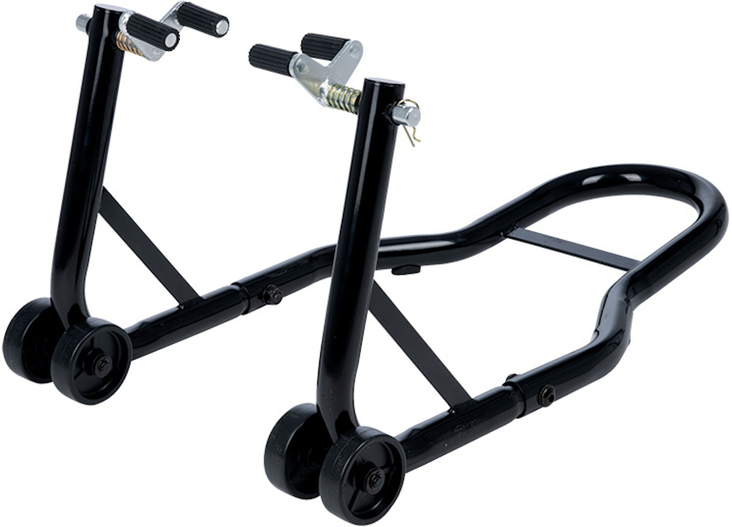 Black Oxford Front Mounting Stand with sturdy metal construction, featuring adjustable supports, rubberized grips, and smooth-rolling wheels for easy maneuverability.
