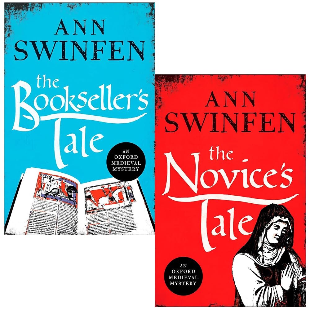Two book covers from the "Oxford Medieval Mysteries Series" by Ann Swinfen; one in blue featuring an open book illustration, the other in red with a medieval figure.