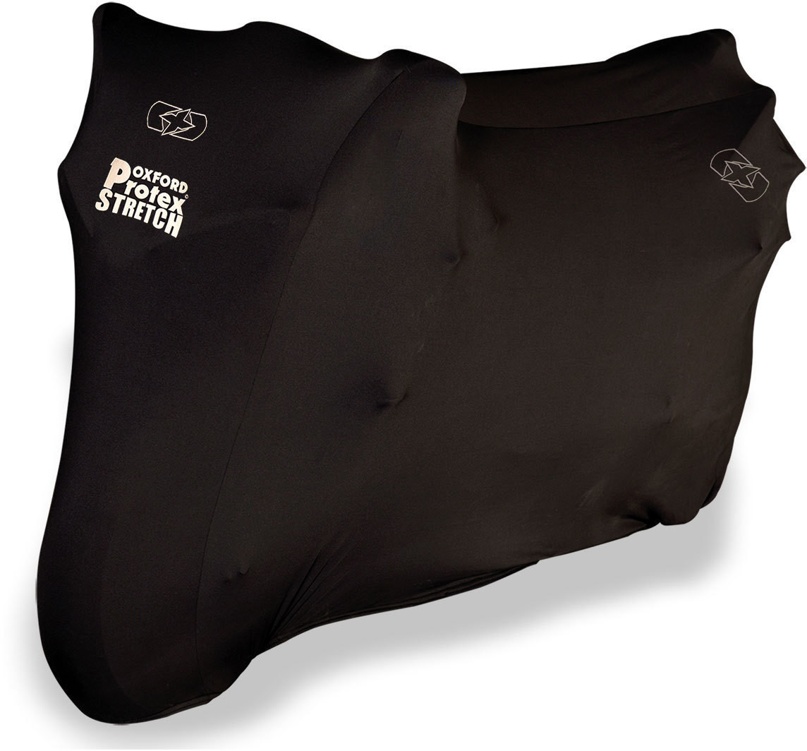 Black stretch motorcycle cover with Oxford branding, designed for protection against elements, featuring a sleek, form-fitting design.