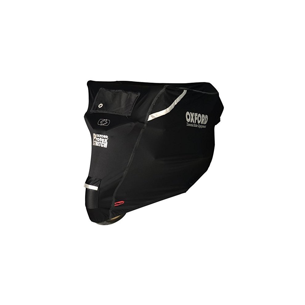 Black and grey Oxford Protex Stretch outdoor motorbike cover, size S, featuring a sleek design and durable material with reflective detailing for visibility.