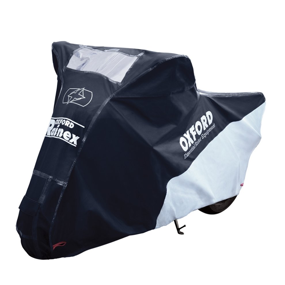 Black and white motorcycle cover with a transparent panel, featuring the Oxford logo and "Rainex" branding, designed for weather protection and durability.