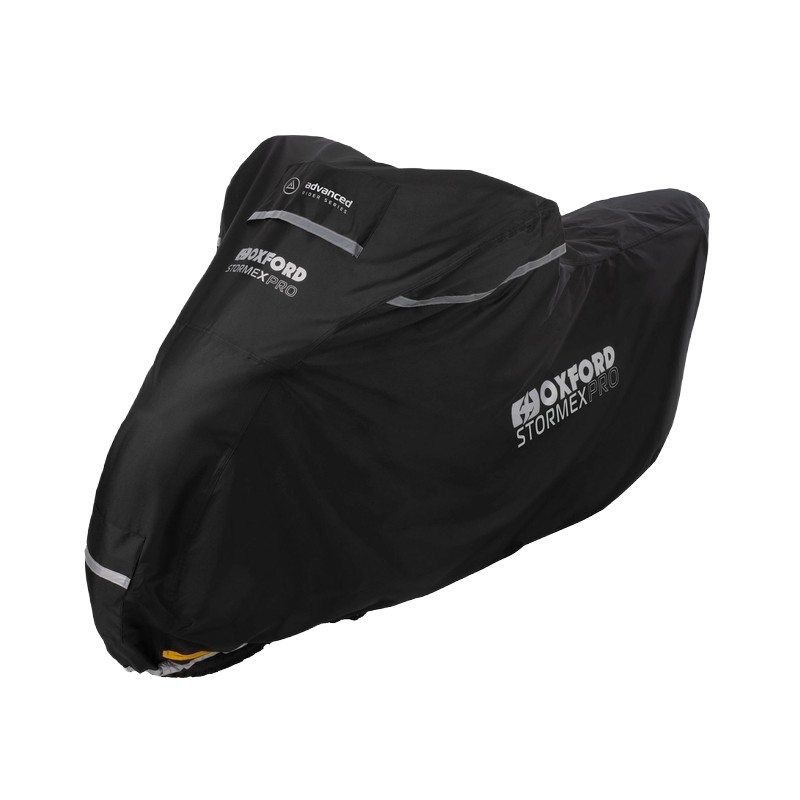 Large black motorcycle cover made from durable material, featuring reflective strips and the "Oxford Stormex Pro" logo prominently displayed.