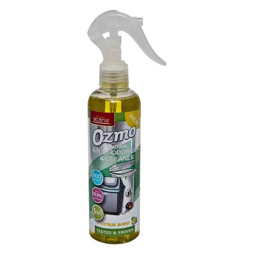 Ozmo Antibacterial Bin Deodoriser & Cleaner in a 250ml clear plastic spray bottle, featuring a white trigger nozzle, vibrant citrus burst label, and a green liquid inside.