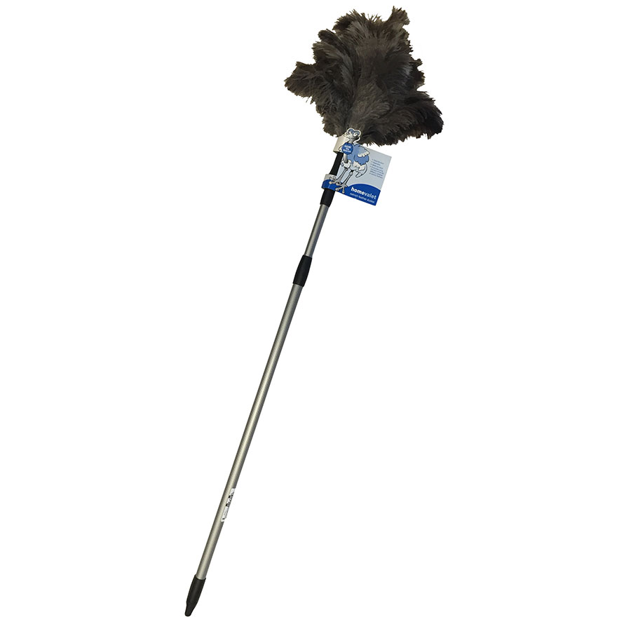 Ozzie Ostrich Feather Duster features soft gray ostrich feathers atop a long, silver metal handle with a black rubber grip, ideal for dusting delicate surfaces.