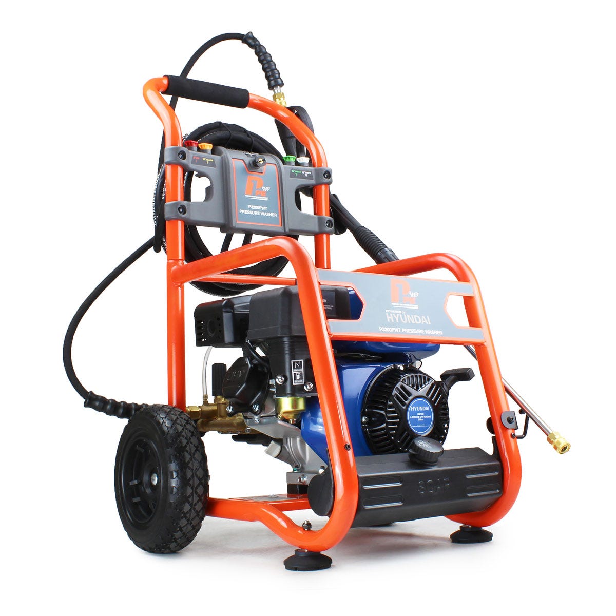 Orange and black petrol pressure washer with a Hyundai 7HP engine, featuring a sturdy frame, large wheels, and a high-pressure hose attachment for powerful cleaning.