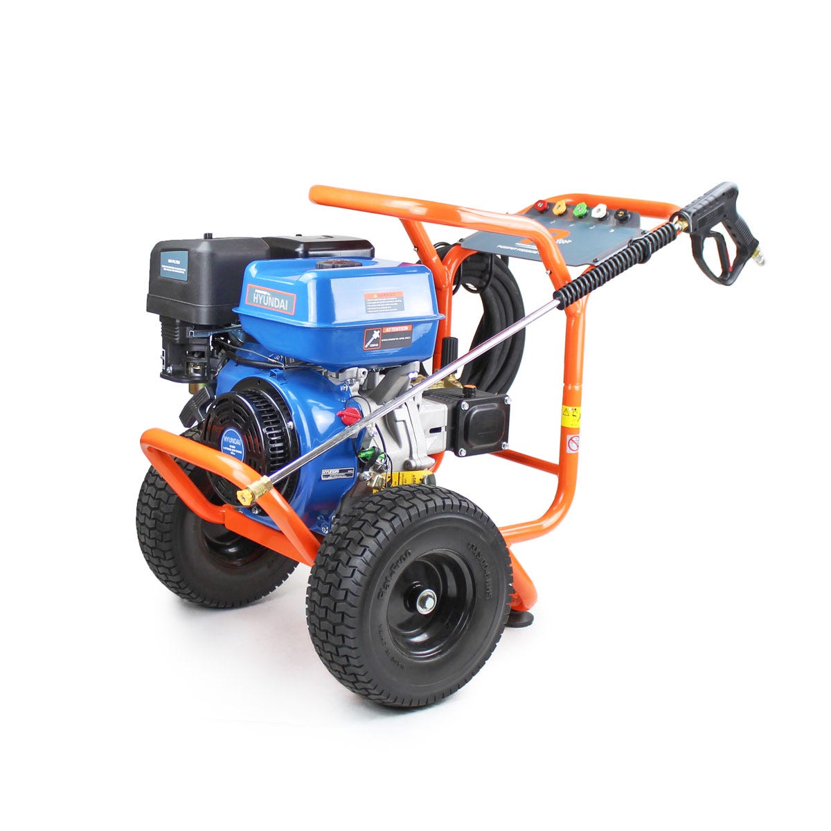 Blue and black petrol pressure washer with a 420cc Hyundai engine, orange frame, large wheels, and a spray gun attached, designed for high-pressure cleaning at 4200PSI.