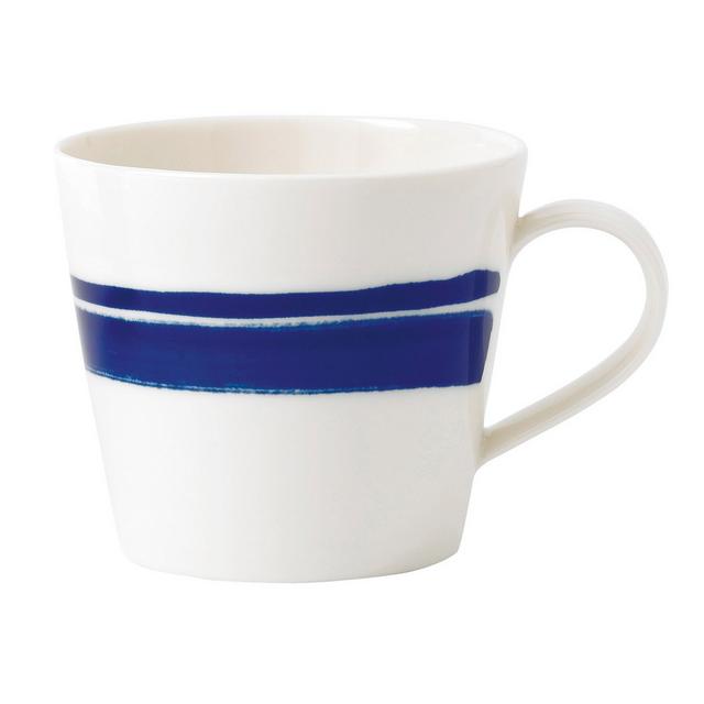 White ceramic mug featuring a tapered design with two bold blue stripes around the body and a curved handle.