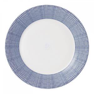 Pacific Blue Dots Salad Plate features a crisp white surface surrounded by a vibrant navy blue dotted pattern, crafted from durable porcelain for elegant dining.