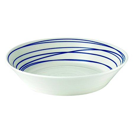 White ceramic pasta bowl featuring a smooth, rounded design with vibrant blue lines spiraling around the inner rim.