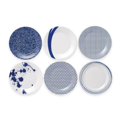Set of 6 Royal Doulton Pacific Accent Plates featuring various blue patterns, including splatter, stripes, and geometric designs on white porcelain.