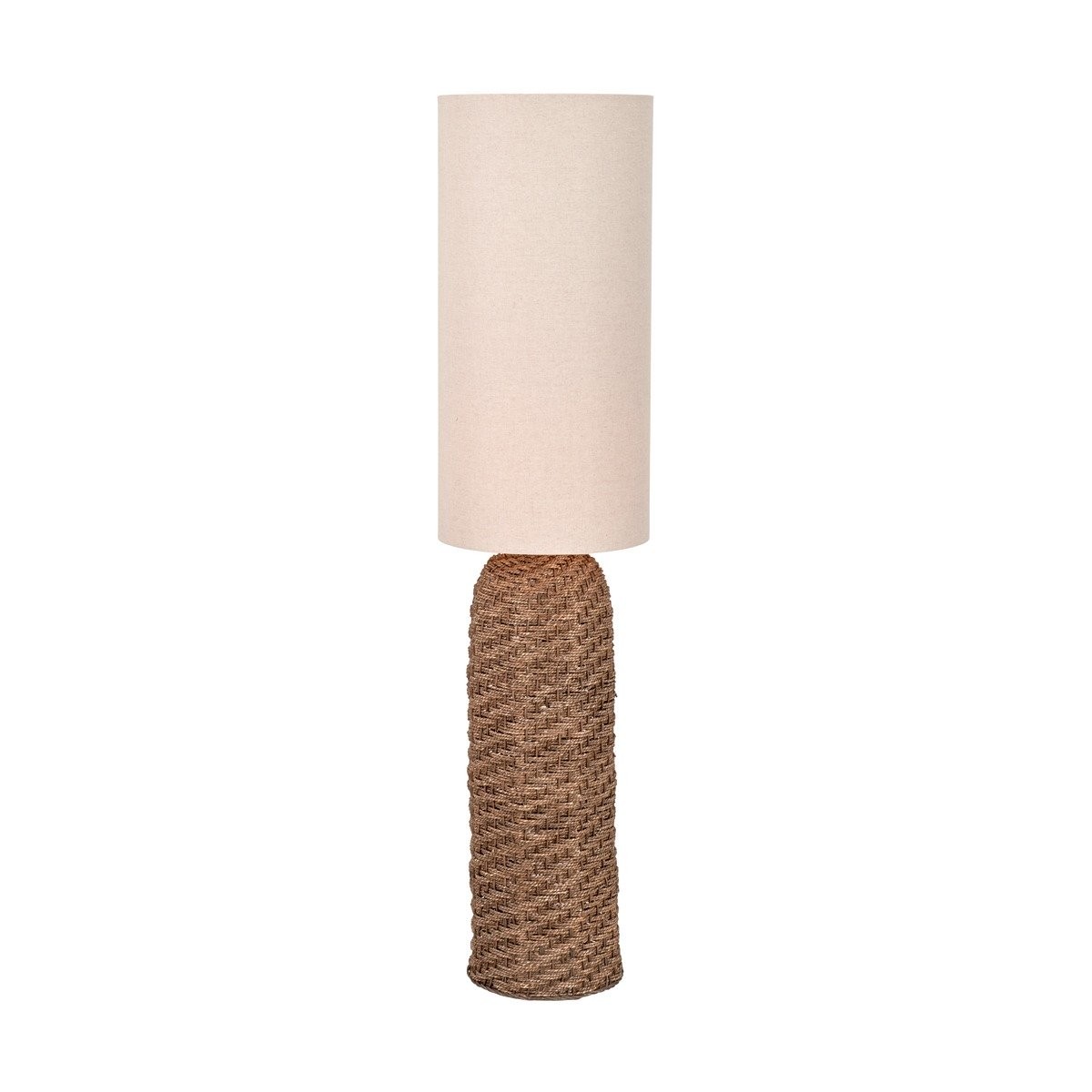 Tall floor lamp featuring a woven seagrass base in brown tones and a cylindrical cream fabric shade, combining natural textures for a stylish accent.