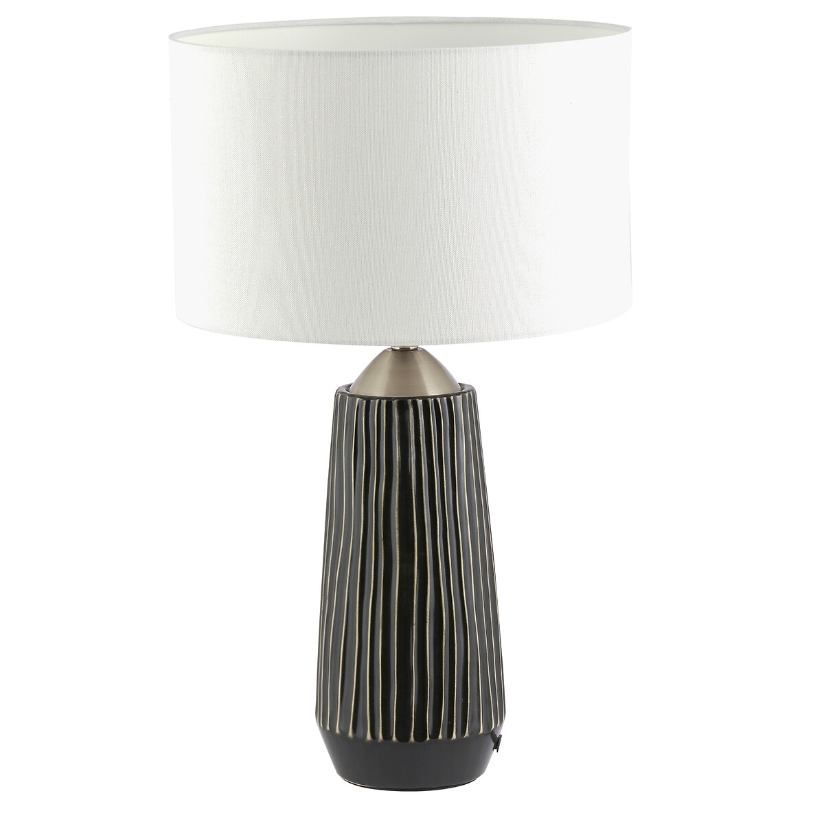Tall table lamp featuring a textured black ceramic base with vertical grooves, brushed silver accents, and a white fabric shade.