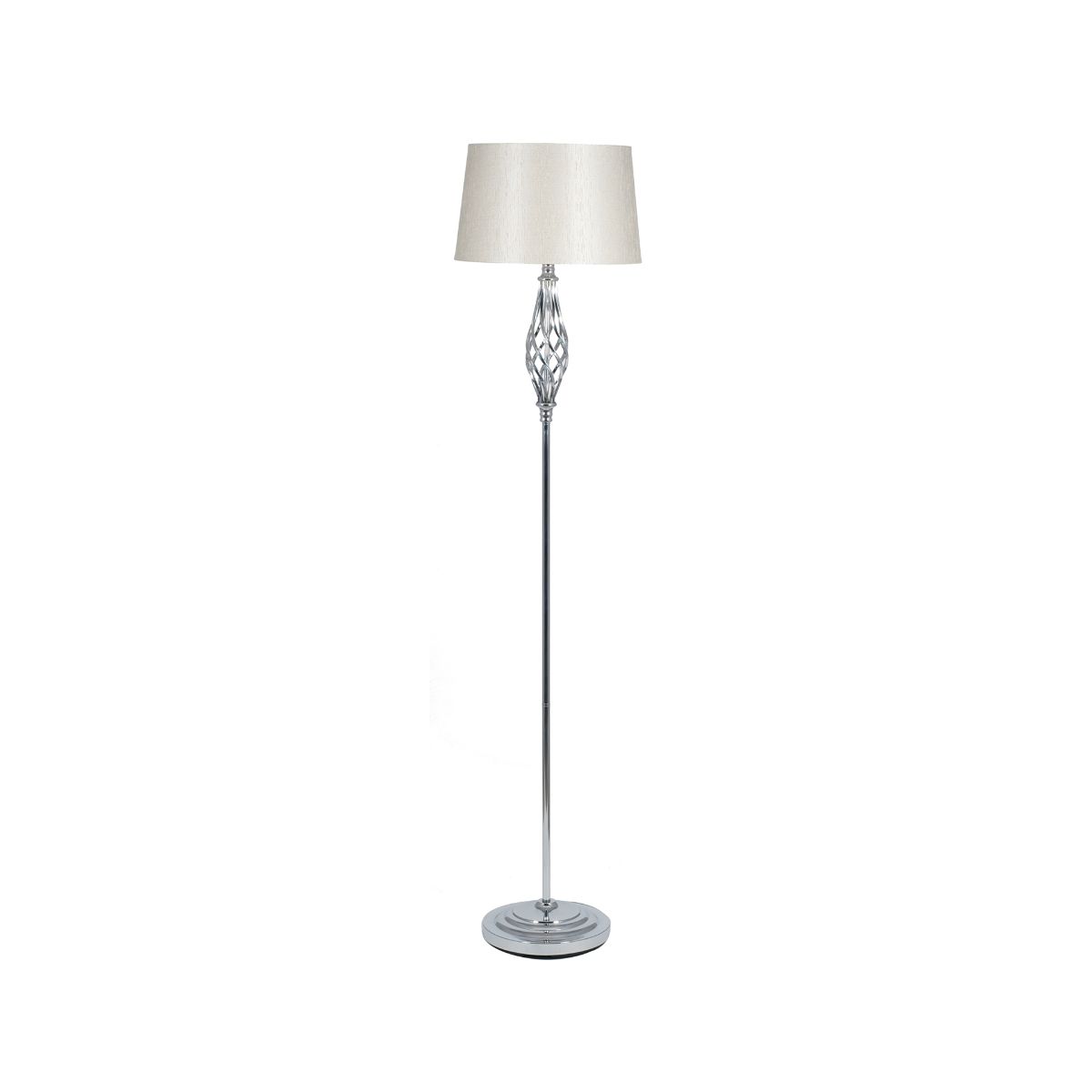 Elegant silver metal floor lamp with a twisted design and a cream fabric shade, featuring a sleek base and intricate detailing for a modern living room aesthetic.