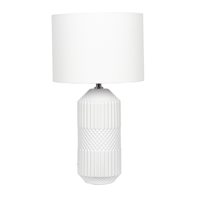 Tall ceramic table lamp with a textured geometric design in grey and white, featuring an embossed pattern and a simple white drum shade.