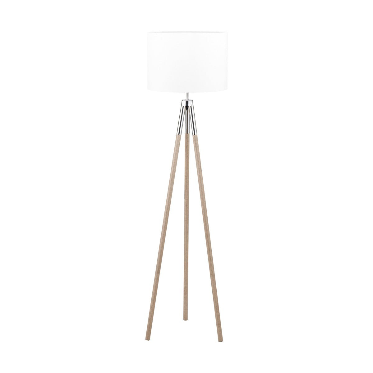 Grey metal and wood grain tripod floor lamp featuring three natural wood legs and a white cylindrical shade, designed by Pacific Lifestyle.
