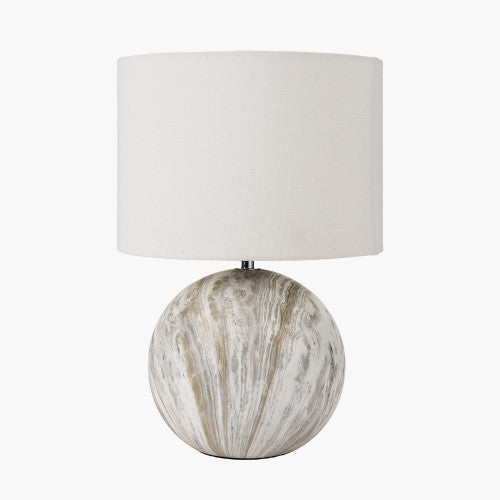 Grey round ceramic table lamp with a natural stone effect base and a white fabric shade, featuring subtle marbling details for a modern aesthetic.