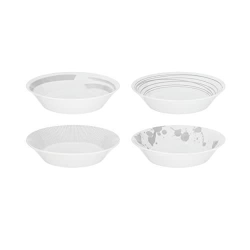 Set of four Royal Doulton Pacific Stone pasta bowls in varying designs, featuring white porcelain with subtle patterns and textures, ideal for serving pasta and salads.