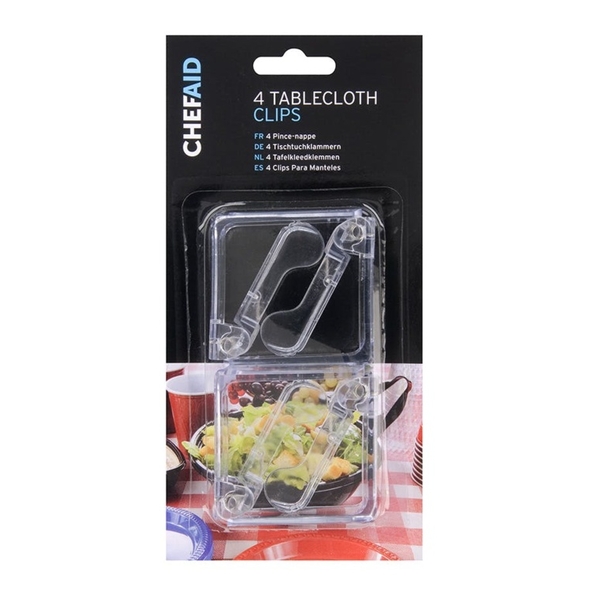 Clear plastic tablecloth clips in a black packaging, featuring four clips designed to secure tablecloths, with a colorful salad image on the front.