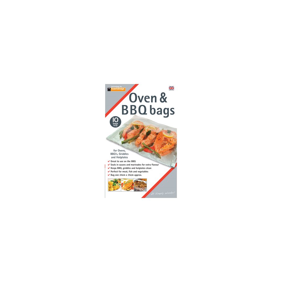 Large, 10-pack Toastabags for oven and BBQ use, featuring a clear plastic design with colorful graphics, showcasing cooking versatility for meats and vegetables.