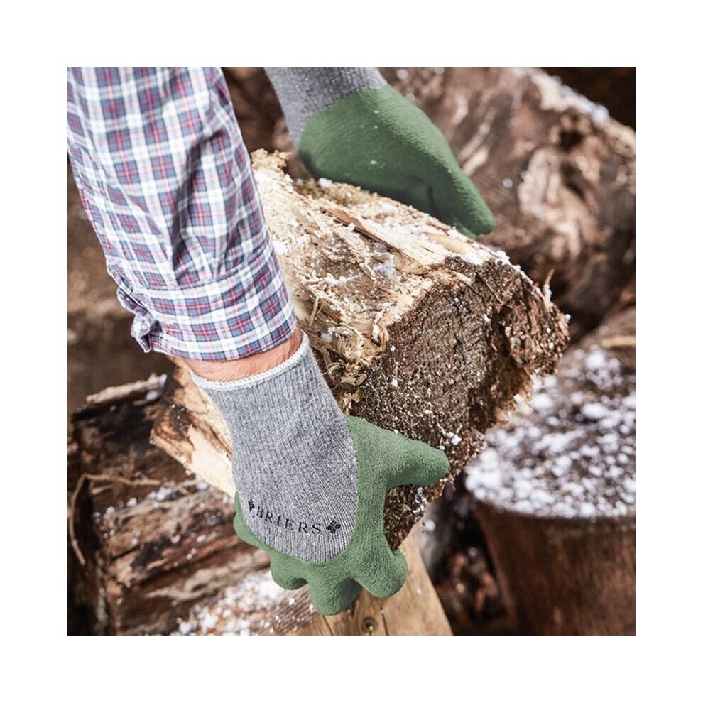 Cosy Gardener Twin Pack gloves in size 8 feature a grey and green design, made of durable material, ideal for gardening and handling logs.