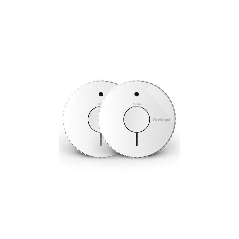 Two round white Fireangel Optical Smoke Alarms with a sleek design, featuring a central test button and a replaceable battery, packaged as a twin pack.