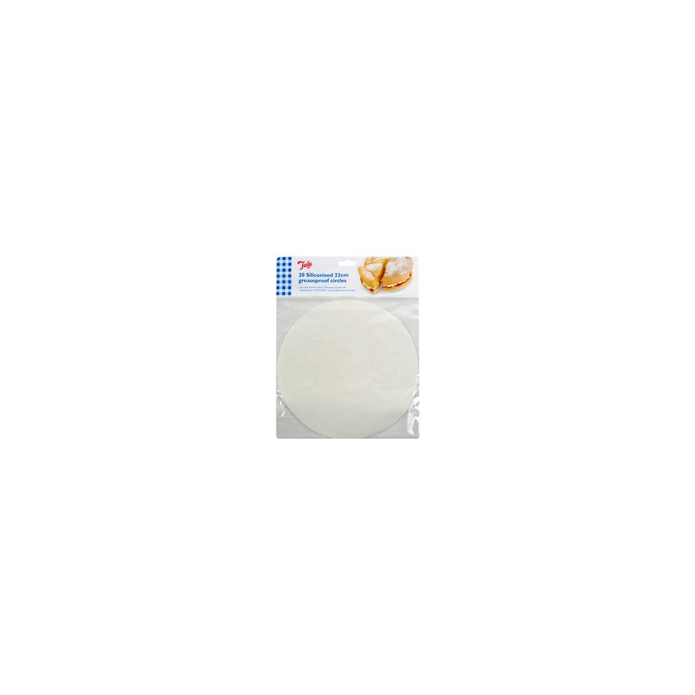 White, greaseproof baking circles measuring 23cm, packaged by Tala, ideal for lining baking trays and preventing sticking.