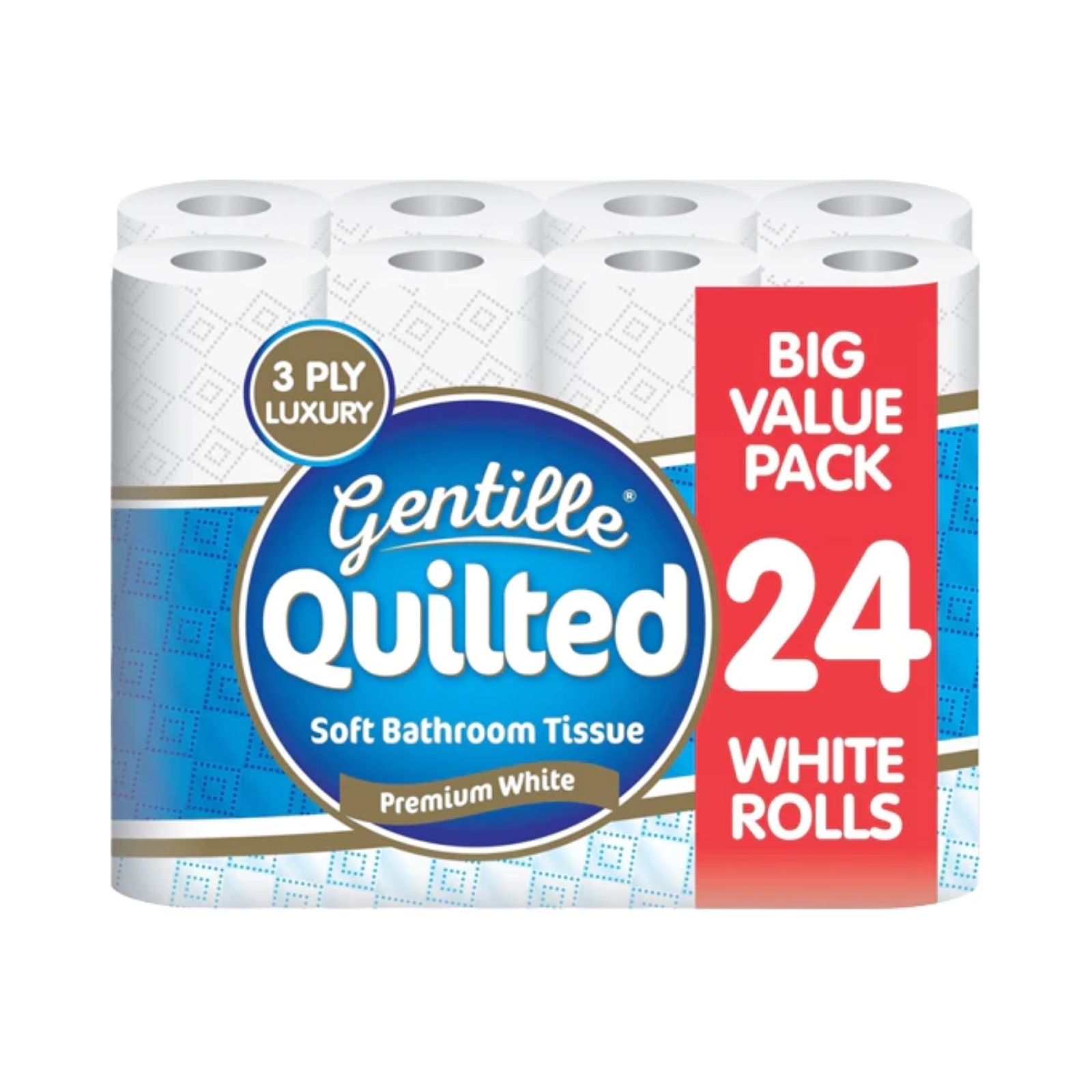 Gentille Quilted 3 Ply Toilet Roll pack containing 24 premium white rolls, featuring a blue and white design with "Big Value Pack" prominently displayed.