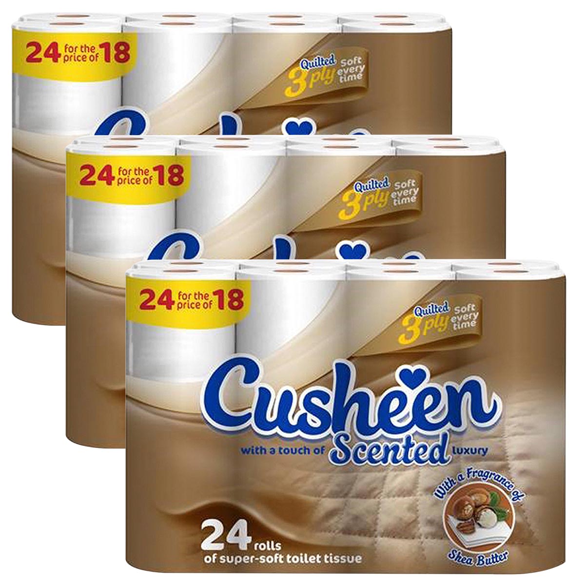 Cusheen Quilted Shea Butter toilet paper pack featuring 24 rolls, with a soft, quilted texture and a light brown and cream color scheme, emphasizing luxury and scent.