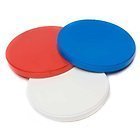 Three round can covers in red, blue, and white, made of flexible material, designed to fit standard-sized cans for sealing and preserving freshness.