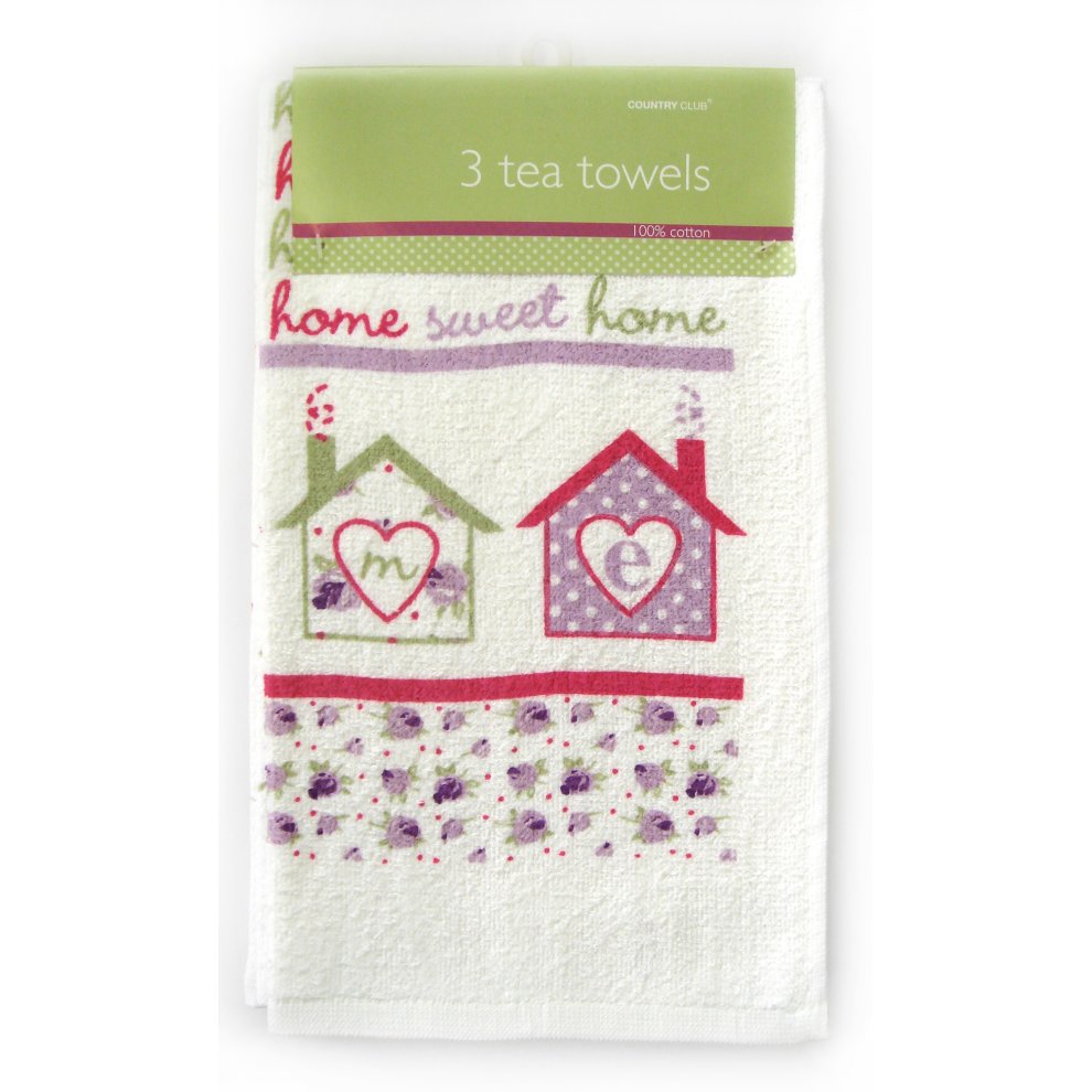 Three natural cotton tea towels featuring a "Home Sweet Home" print with colorful house designs and floral patterns in pink and green tones.