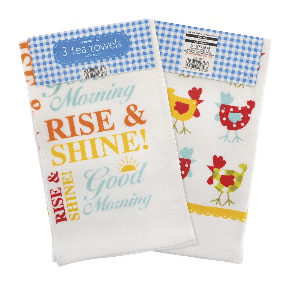 Three cotton tea towels featuring colorful designs: one with the phrases "Wakey Wakey" and "Good Morning" in bright letters, and another with playful chickens on a white background.