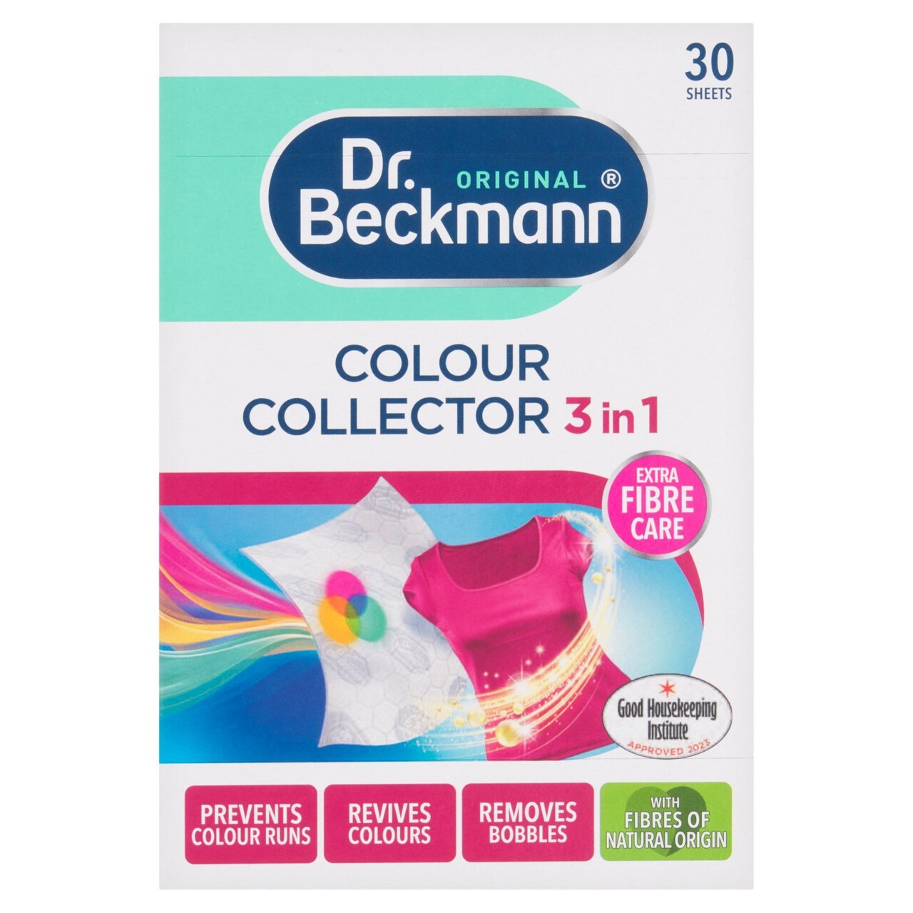 Dr Beckmann Colour & Dirt Collector packaging features a bright turquoise and white design, highlighting "3 in 1" benefits, with a pink shirt graphic and a "Good Housekeeping Institute" logo.