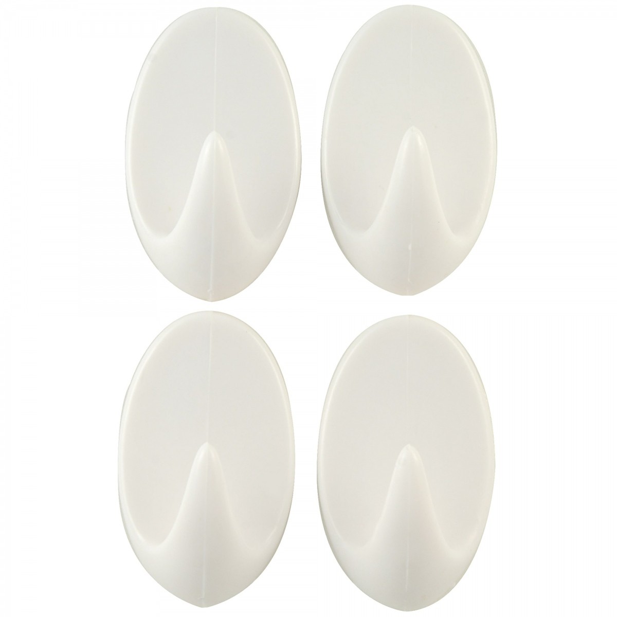 Set of 4 medium oval self-adhesive hooks in white plastic, featuring a smooth surface and a curved design for easy hanging.