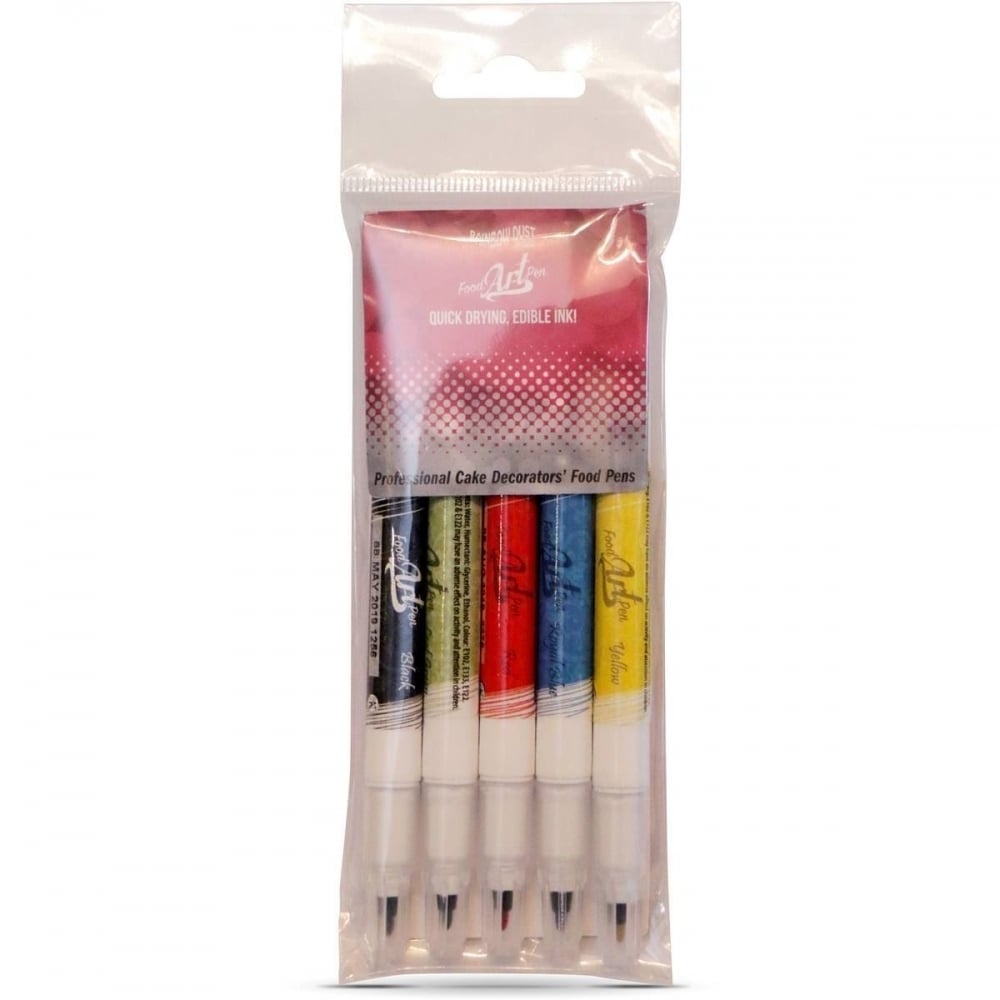 Pack of 5 edible food art pens in vibrant colors: red, yellow, green, black, and blue, featuring fine tips for detailed decorating, packaged in a clear plastic sleeve.